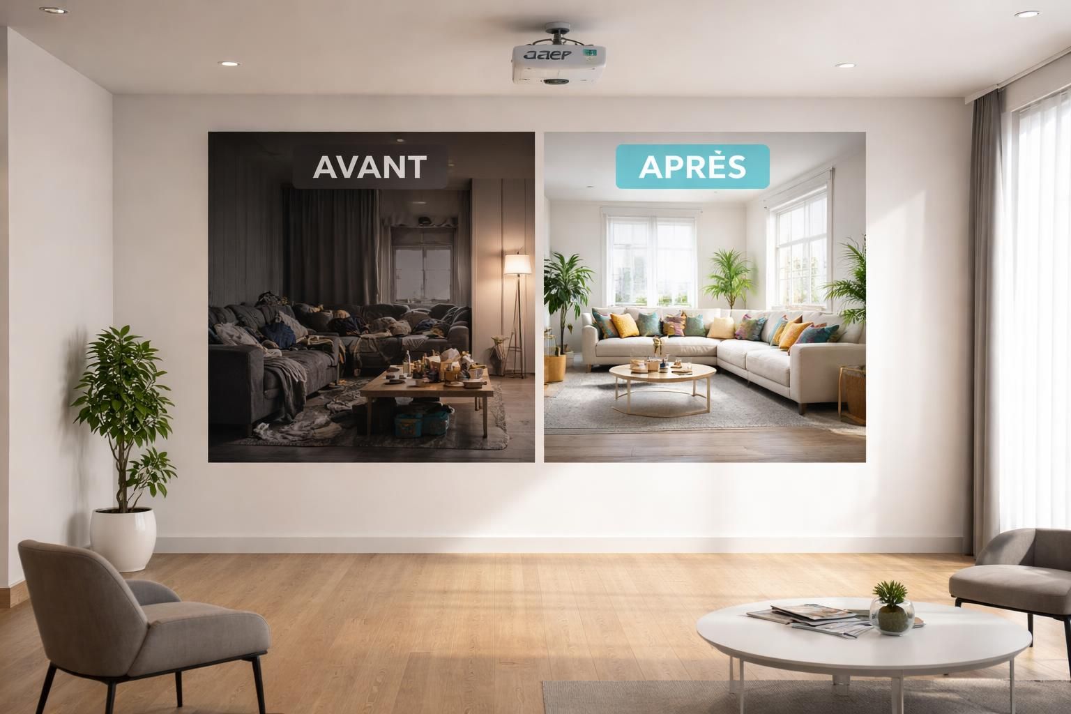découvrez notre showroom avec une démonstration avant/après impressionnante grâce au vidéoprojecteur acer, pour visualiser l'impact réel de nos solutions.