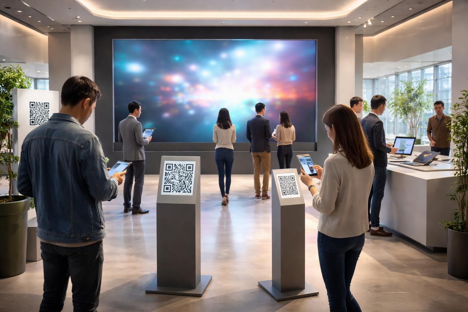 optimisez le parcours client en guidant vos visiteurs grâce à l'association d'un écran de projection et de qr codes interactifs pour une expérience fluide et innovante.