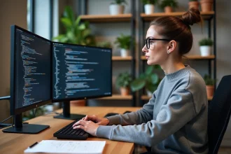 Développeuse web concentrée sur du code CSS Flexbox affiché sur deux écrans ultrawide dans un bureau moderne