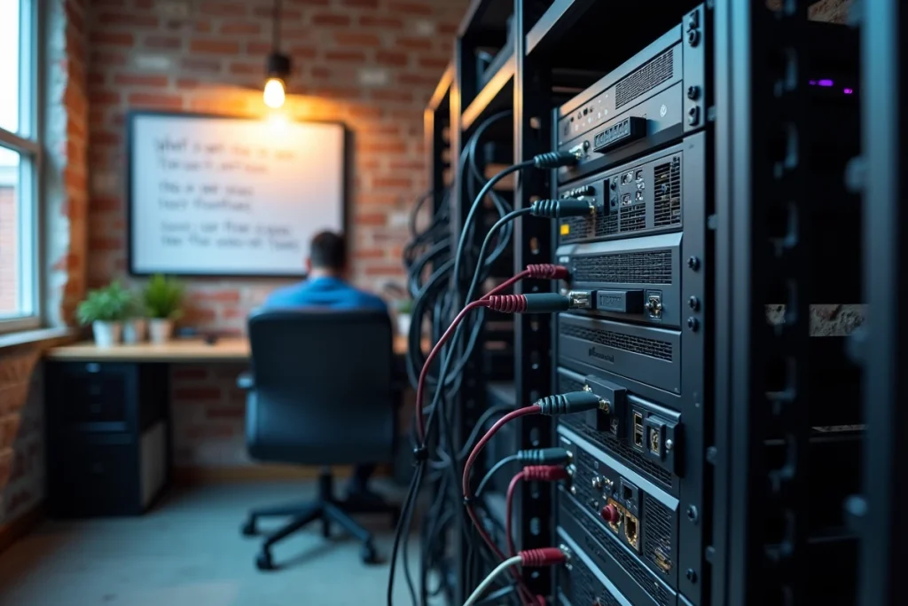 Rack serveur domestique avec routeur et switch réseau pour héberger un serveur FiveM sur cfx.re