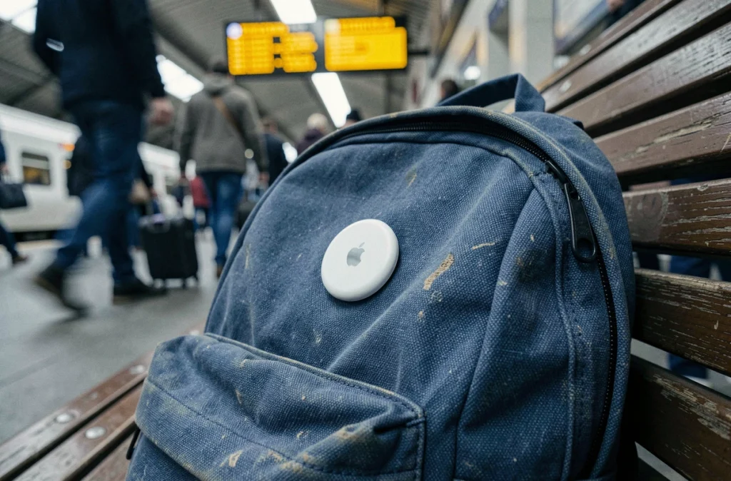 AirTag Apple posé sur un sac à dos dans une gare animée