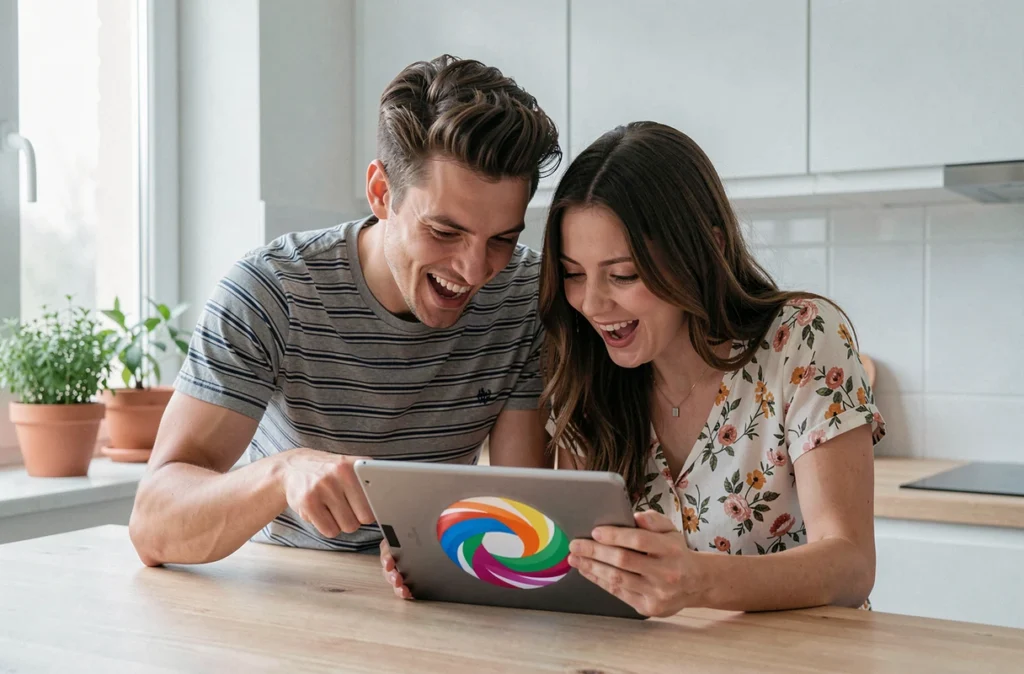 Deux amis amusés dans une cuisine découvrant ensemble l'astuce Do a Barrel Roll sur une tablette