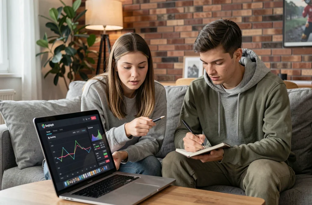 Deux joueurs analysant ensemble les statistiques de grade CS sur un ordinateur portable dans un salon moderne