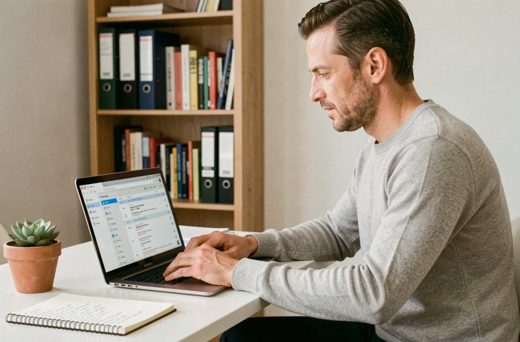 Homme travaillant depuis chez lui en consultant et archivant ses emails professionnels sur un ordinateur portable