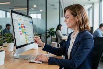 Professionnelle organisant et archivant ses mails professionnels sur un grand écran de bureau dans un open-space moderne