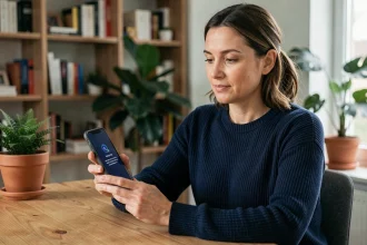 Femme utilisant l'authentification à double facteur sur smartphone pour sécuriser son compte en ligne