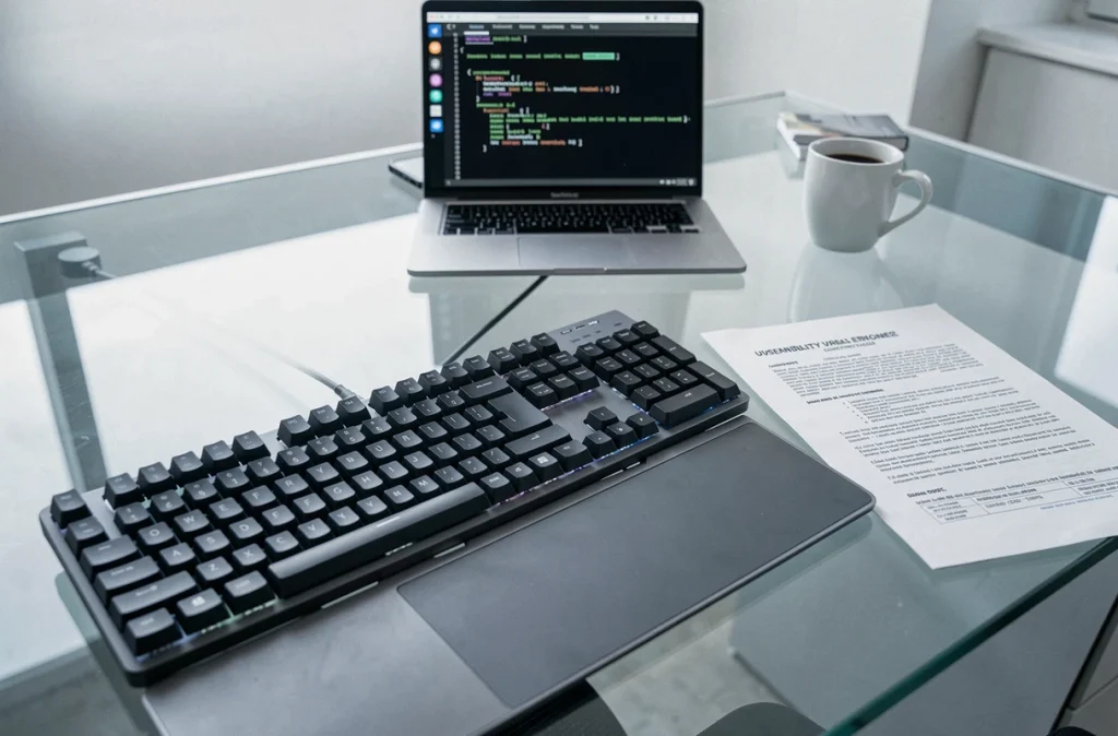 Bureau minimaliste avec clavier, terminal de sécurité et rapport de vulnérabilités logicielles lors d'une mise à jour de patch