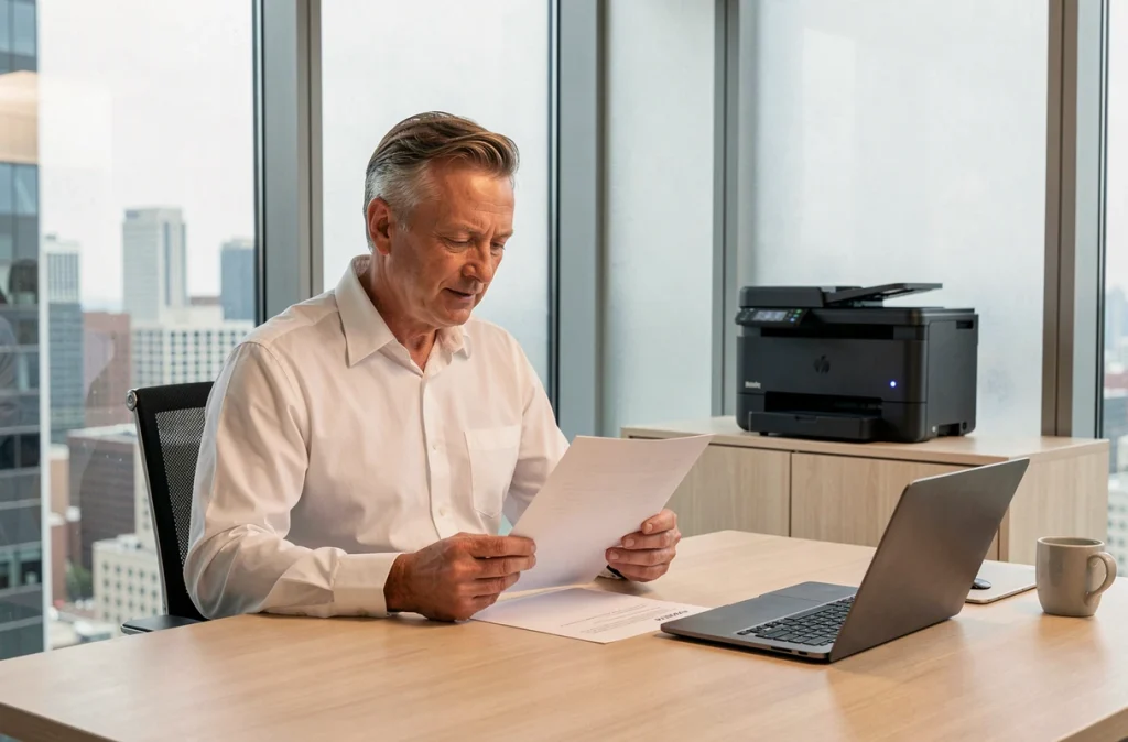 Cadre consultant un document imprimé avec une imprimante multifonction connectée en arrière-plan