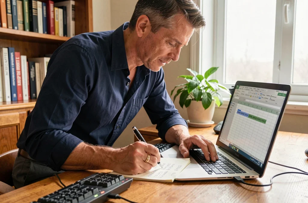 Homme travaillant sur un calcul de moyenne Excel sur laptop avec prise de notes manuscrites à la maison