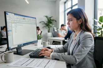 Femme calculant une moyenne dans Excel manuellement sur un grand écran dans un bureau moderne