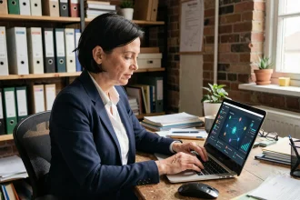 Cheffe d'entreprise belge consultant un tableau de bord de cybersécurité sur son ordinateur portable dans son bureau
