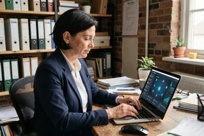Cheffe d'entreprise belge consultant un tableau de bord de cybersécurité sur son ordinateur portable dans son bureau