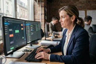 Une femme chef d'entreprise belge analysant un tableau de bord de cybersécurité dans un petit bureau professionnel
