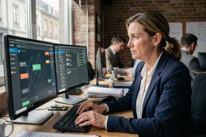 Une femme chef d'entreprise belge analysant un tableau de bord de cybersécurité dans un petit bureau professionnel