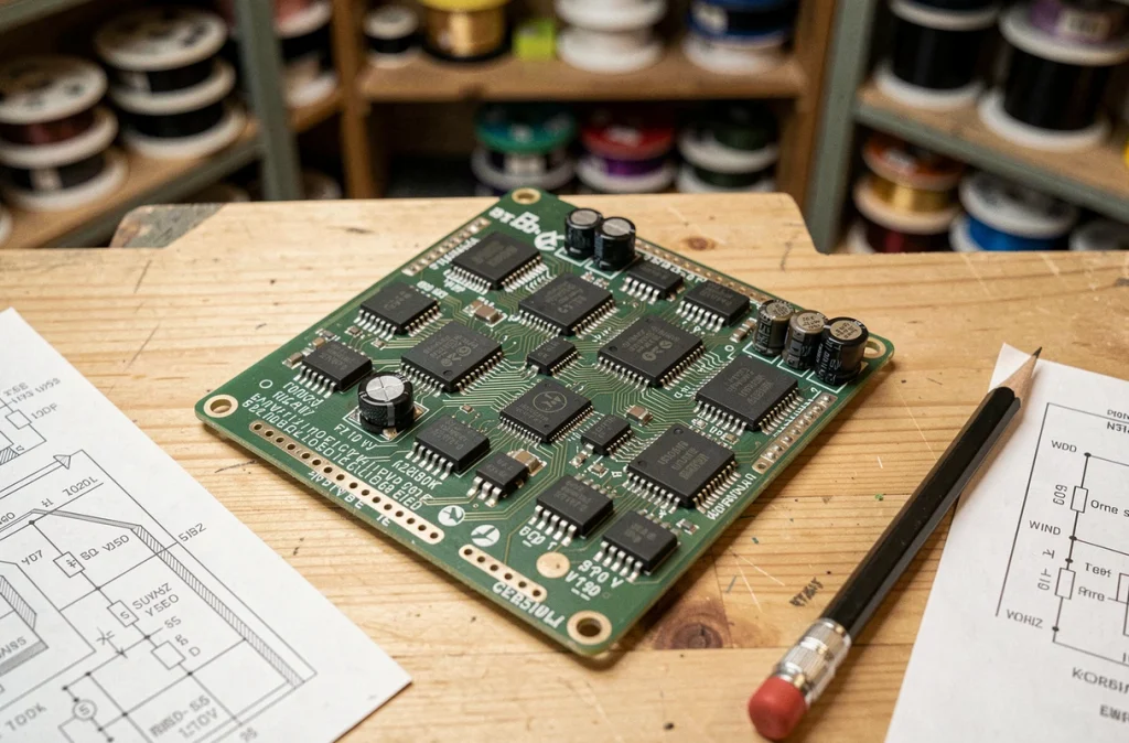 Gros plan sur une carte de circuit imprimé avec des microprocesseurs, représentant les composants au cœur de la pénurie de semi-conducteurs