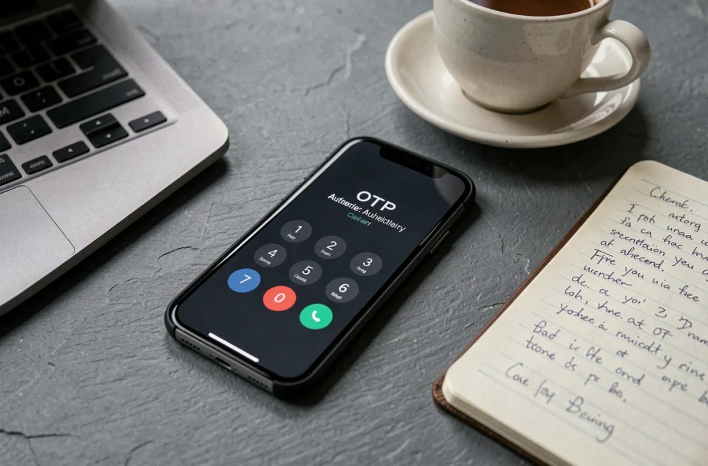 Smartphone affichant un code d'authentification à usage unique posé sur un bureau avec ordinateur et café, concept de sécurité numérique