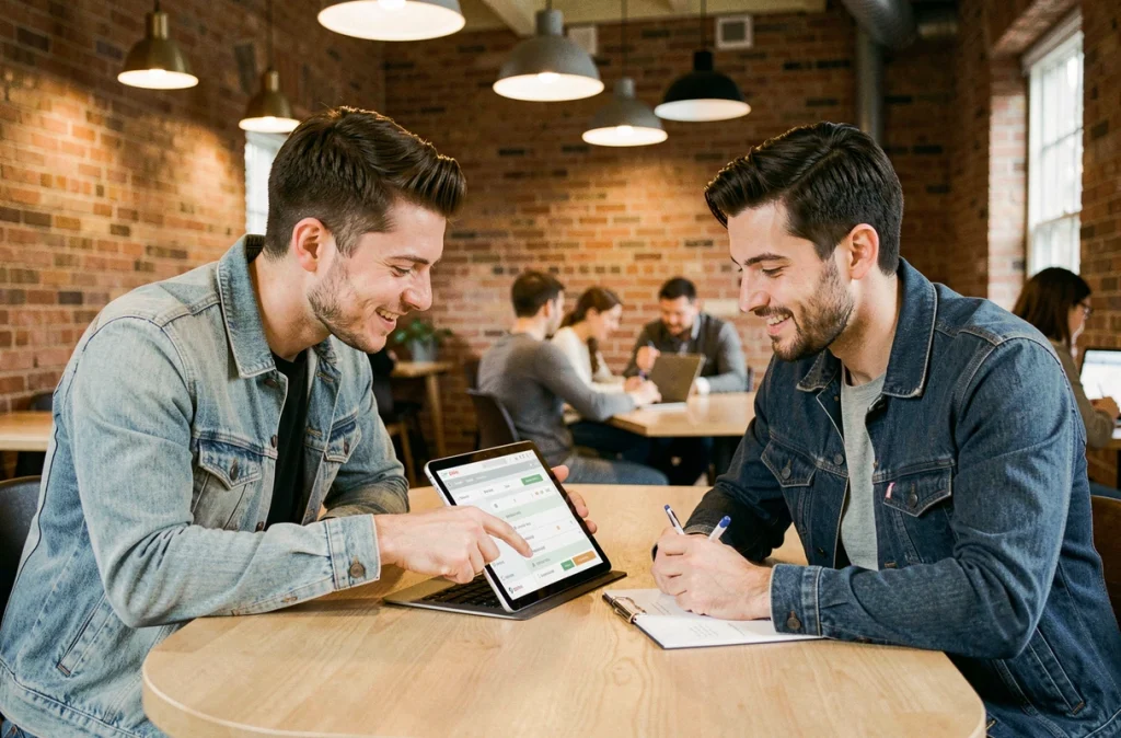 Deux collègues collaborant sur une application de planification des tâches dans un espace de coworking