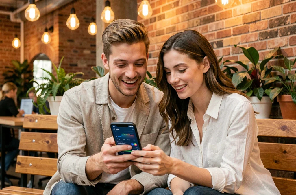 Deux jeunes professionnels collaborant sur une application mobile dopée à l'intelligence artificielle dans un espace de coworking