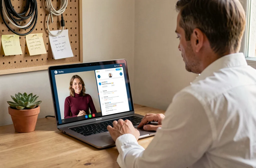 Collaboration à distance via visioconférence et document partagé en cloud dans un bureau à domicile belge
