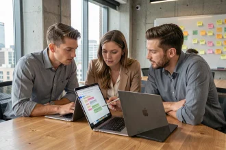 Équipe de professionnels collaborant en temps réel sur un document partagé en réunion d'entreprise