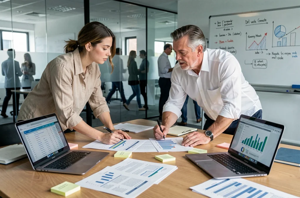 Deux professionnels collaborant sur des rapports de données avec graphiques imprimés et ordinateurs portables