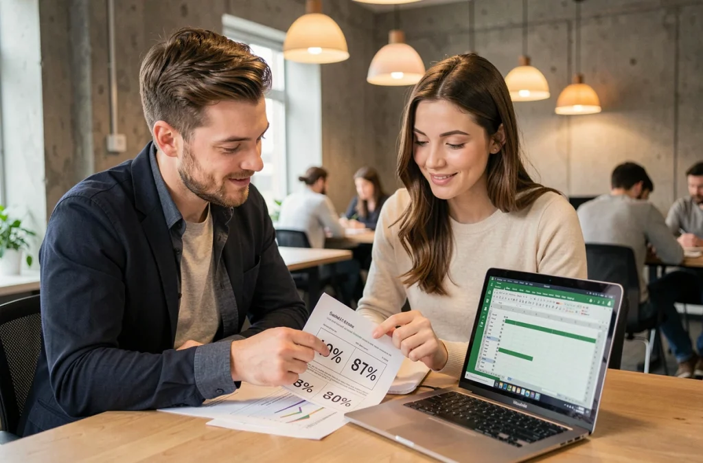 Deux collègues comparant des rapports Excel imprimés et numériques avec des calculs de pourcentages sur deux périodes dans un espace coworking