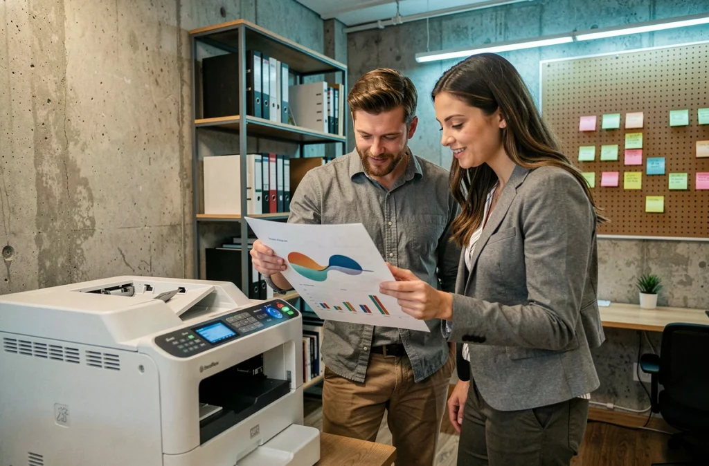 Deux collègues examinant un document imprimé par une imprimante réseau dans un espace de travail collaboratif