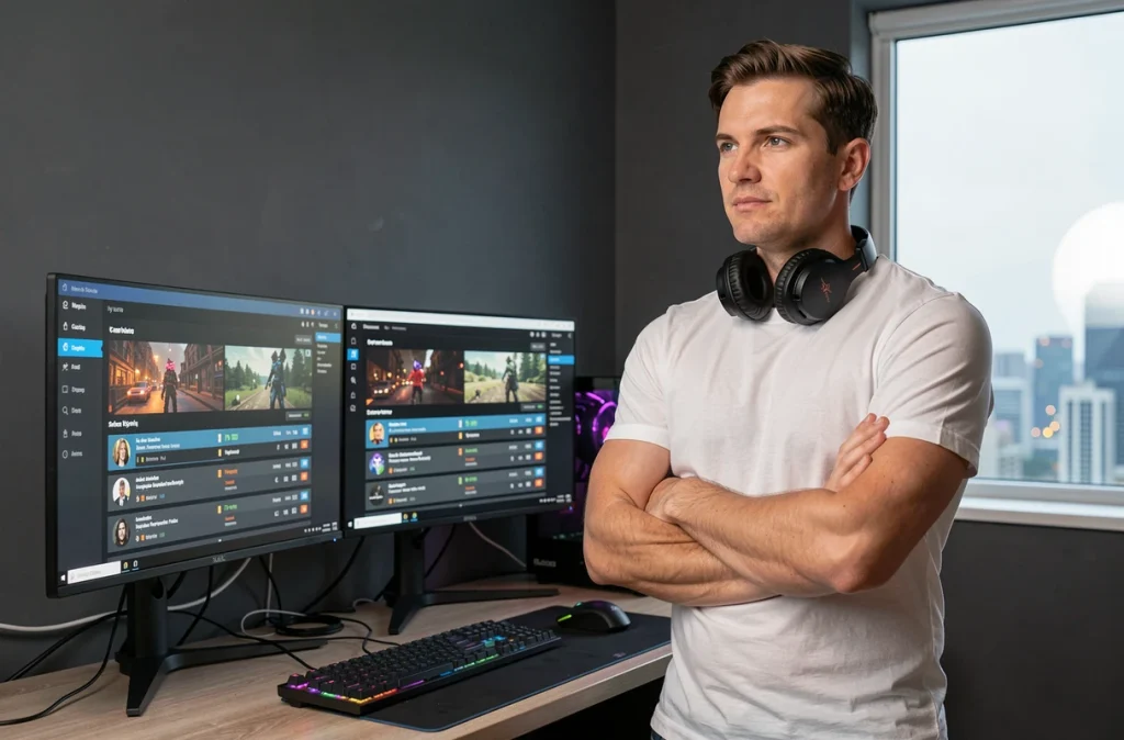 Gamer debout devant deux écrans comparant des comptes CS avec différents grades pour décider de reset ou continuer