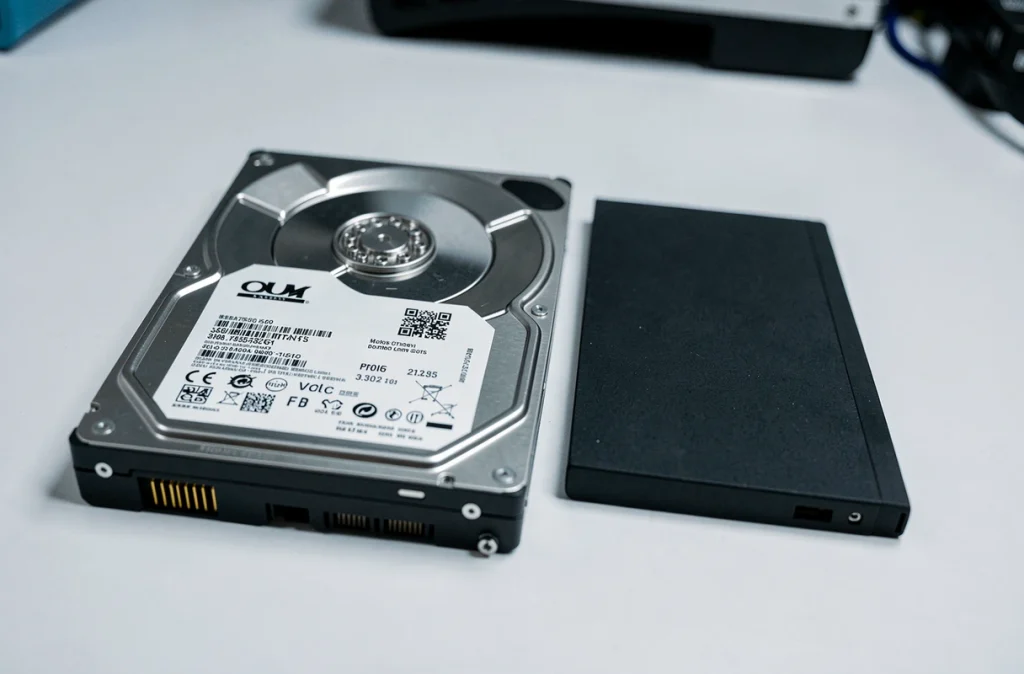 Comparaison côte à côte entre un disque dur HDD et un SSD moderne sur une surface blanche