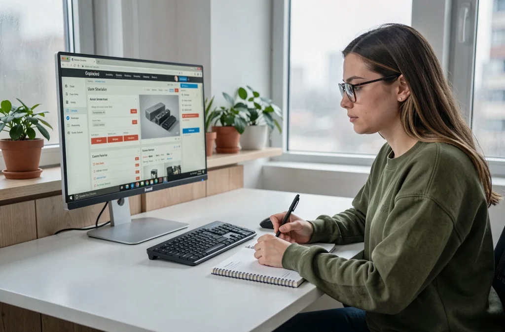 Femme consultant un guide de configuration PC personnalisé sur un écran d'ordinateur dans un bureau moderne