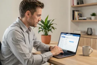 Homme configurant le webmail IONOS sur un ordinateur portable au bureau