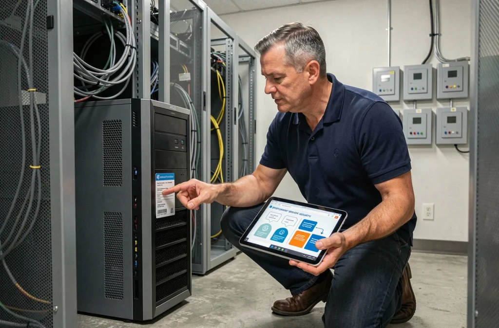 Consultant en cybersécurité comparant des solutions antivirus professionnelles dans une salle serveur de PME