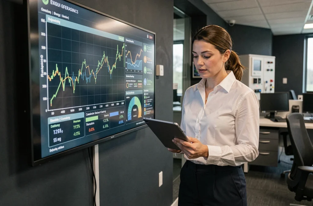 Consultante en efficacité énergétique analysant les données de consommation d'un datacenter sur un tableau de bord numérique