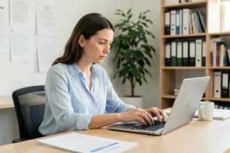Femme contractuelle créant son accès au portail Mel ouvert Caen sur un ordinateur portable dans un bureau scolaire