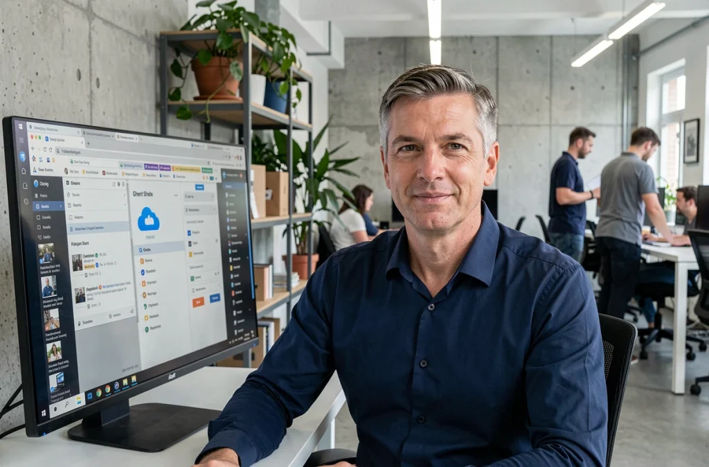 Homme en télétravail dans un espace de coworking à Gand accédant à des services cloud sur grand écran