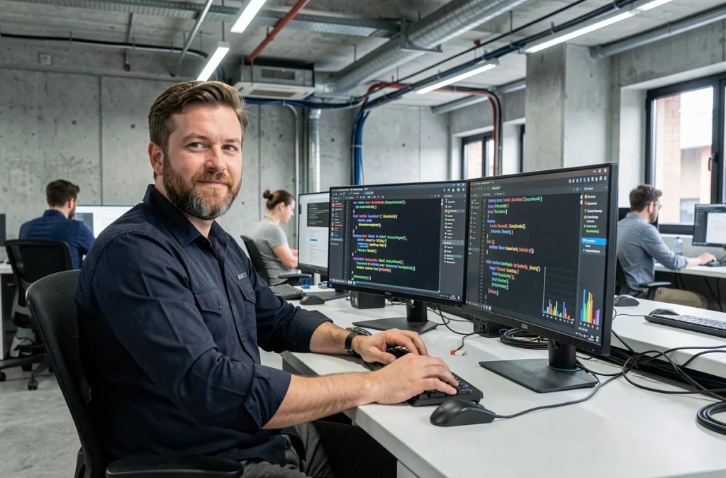 Développeur senior travaillant sur du code Python avec listes de données sur un poste de travail à double écran en open space