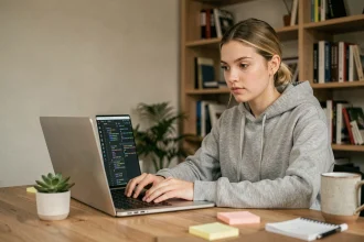 Jeune développeuse Python concentrée tapant du code sur son ordinateur portable dans un bureau à domicile moderne