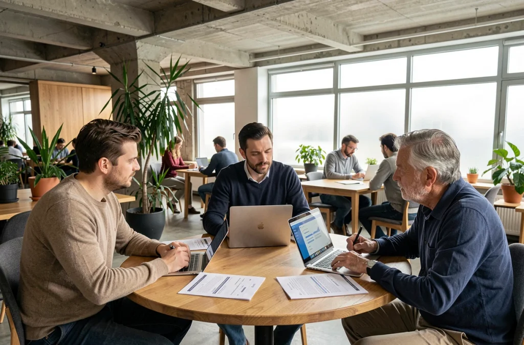 Trois dirigeants de petites entreprises belges discutant de stratégies de cybersécurité autour d'une table dans un espace de coworking à Bruxelles