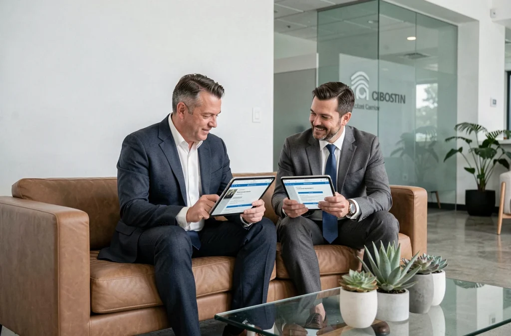 Deux collègues partageant et éditant un document cloud en temps réel sur tablette dans un espace lounge d'entreprise