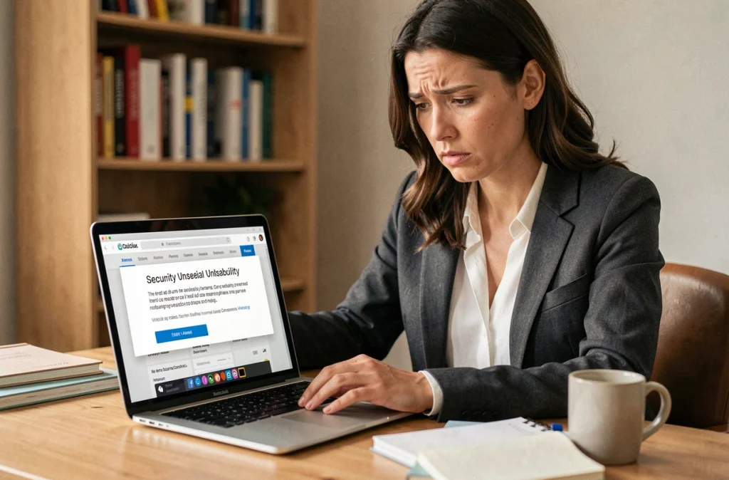 Femme chef d'entreprise inquiète face à une alerte de sécurité sur son ordinateur portable à domicile