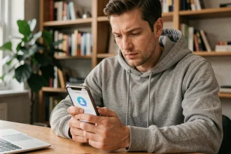Homme consultant son smartphone pour envoyer un SMS avec numéro masqué depuis son bureau à domicile