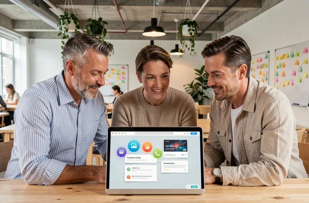 Équipe de professionnels collaborant sur des animations de présentation dans un espace de coworking