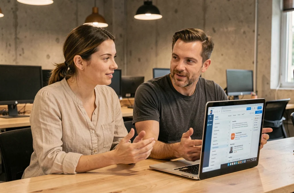 Deux collègues d'une petite équipe collaborant sur une interface SEO dans un espace de coworking, illustrant la collaboration autour d'un outil SEO efficace en 2026.