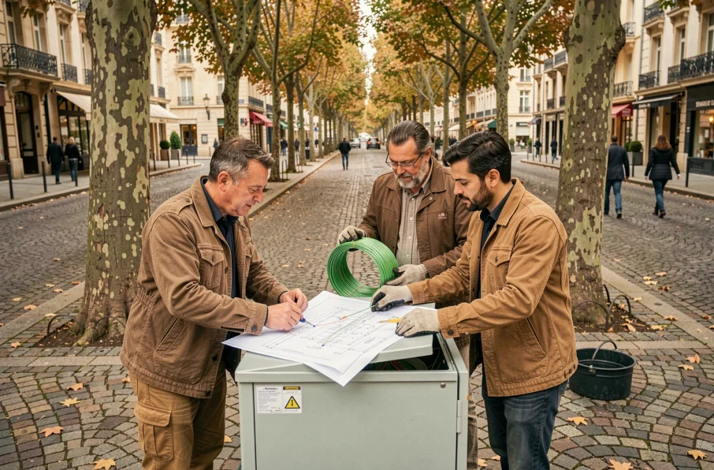 Équipe de techniciens examinant des plans devant un boîtier de distribution fibre optique sur un boulevard d'une ville francophone