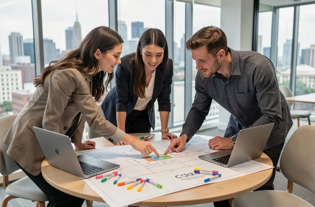 Équipe de professionnels analysant ensemble un diagramme MCD imprimé en salle de réunion