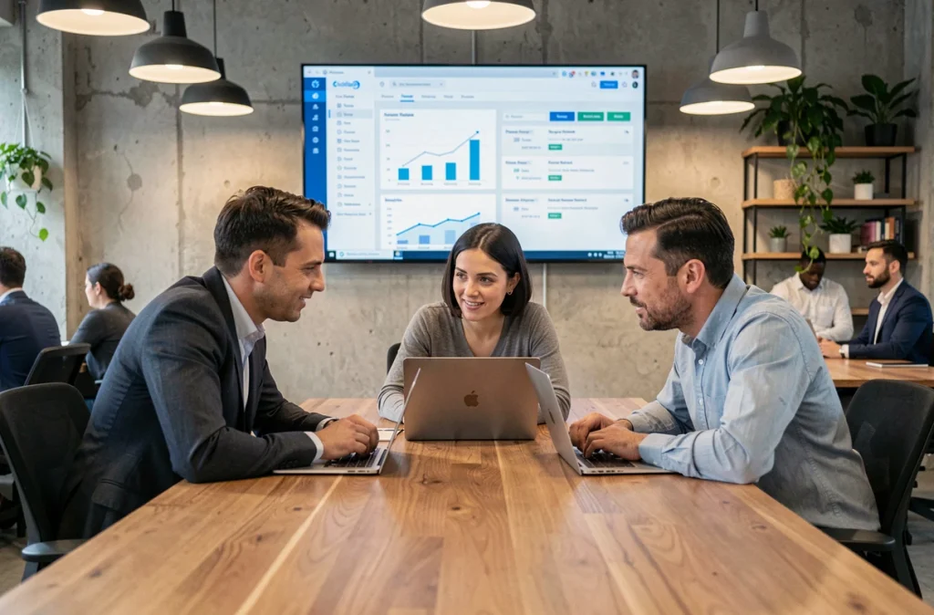 Équipe de professionnels en réunion hybride utilisant une plateforme cloud pour collaborer autour d'un tableau de bord de projet partagé