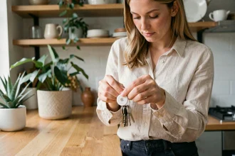 Femme attachant un AirTag Apple à ses clés de maison dans une cuisine moderne