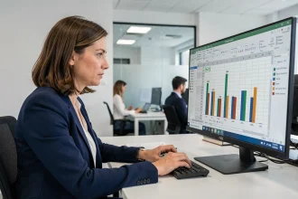 Femme professionnelle analysant un tableau Excel avec des pourcentages et des graphiques de comparaison sur deux périodes