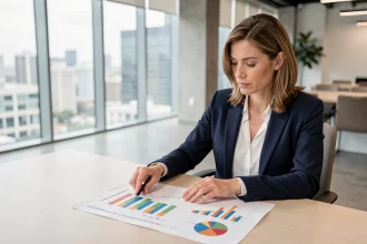 Femme d'affaires analysant un rapport illustré de graphiques colorés dans un bureau moderne
