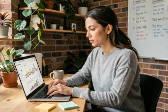 Une femme consultant des analyses SEO sur un ordinateur portable dans un petit bureau moderne, idéal pour illustrer une solution SEO adaptée aux petites équipes en 2026.